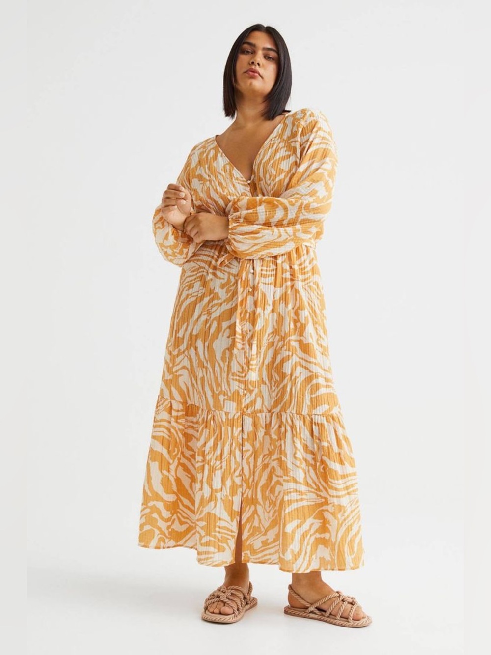 H&M Yellow Patterned Maxi Dress with Belt